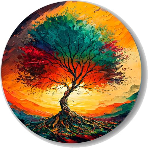 UVTECHPRINT Glasbild Wandbild Heimdekoration rund Lebensbaum Bunt 80x80 cm Wohnzimmer Kunstdruck Bilder auf Glas