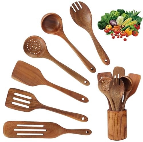 Holz-Kochutensilien,7 Set Kochlöffel aus Teakholz, enthält Holzspatel, Holzlöffel, Schöpflöffel und Seiher, geeignet für Antihaftpfannen