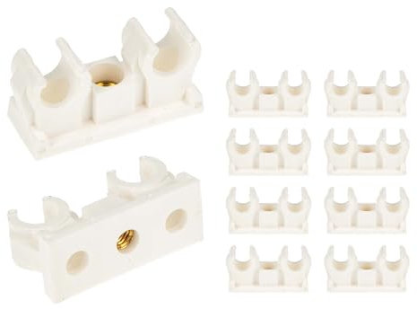 tecuro 10 Stück Doppel Rohrclip Rohrschelle Klemmschelle 10mm - mit Messing Gewindebuchse M6, aus Kunststoff - Weiß, für Rohre und Schläuche Ø 10 mm