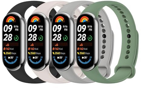 Mugust 4Pack Correas para Xiaomi Mi Band 9/10/8 Mujer Hombre,Silicona Coloridos Recambio Suave Pulseras de Repuesto para Xiaomi Mi Smart Band 8/9/10(Negro/Starlight/Gris/Verde)