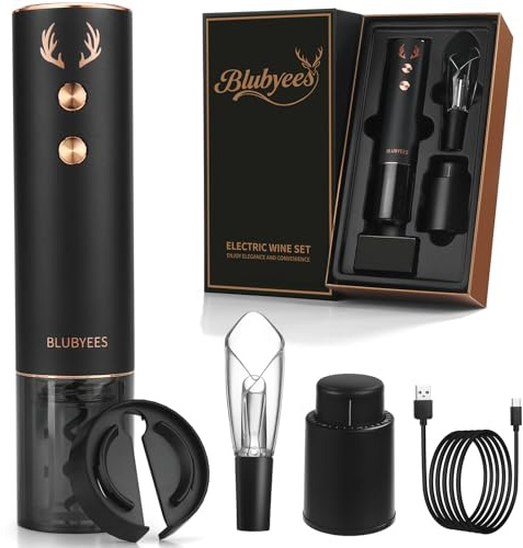 BLUBYEES Juego de abridor de vino eléctrico recargable 4 en 1, sacacorchos automático, cortador de aluminio, vertedor aireador, tapón de vacío, elegante caja de regalo para entusiastas del vino