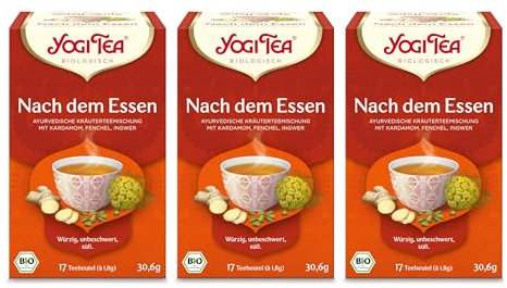 Yogi Tea - Nach dem Essen, Ayurvedischer Bio Gewürz- und Kräutertee, von Natur aus koffeinfrei, Mischung aus Kardamom, Fenchel und Ingwer, Yogi Tee 3er Pack, 3x17 Beutel (51 Teebeutel insgesamt)