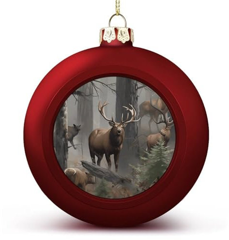 Baumschmuck, Kugel, rot und gold, bruchsicher, Weihnachtskugeln, hängende Kugeln, Jagd, Hirsch, Bär, Elch, bedruckt, Weihnachtsball für Feiertagsdekoration, 6,1 cm