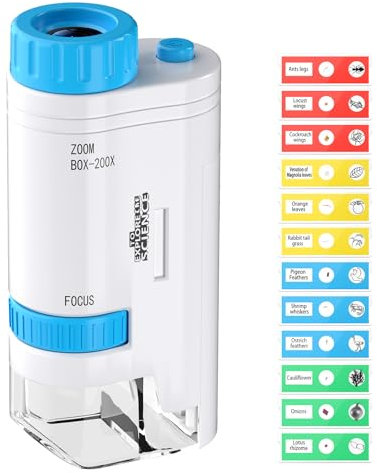 GlasFlength 80x-200x Taschenmikroskop Kinder, LED Mikroskop für Kinder mit 12 Objektträgern LED-Licht Microscope for Kids Handheld Mikroskope für Studenten Schule Biologie-Unterricht