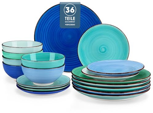 Geschirrset 12 Personen, vancasso BONITA 36 tlg Steingut Geschirr Set 12 Pers, Tafelservice urbaner Stil, Geschirr blau, Schüssel- und Teller Set mit Speiseteller, Dessertteller und Schüsseln