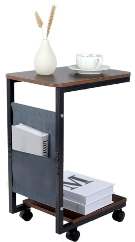 comfoyar C Shaped Side Table, Wood End Bedside Table with Wheels for Couch Chair Recliner, Slide Under Sofa Coffee Table TV Trays with Storage Bag for Small Space, Living Room, Bedroom, Office