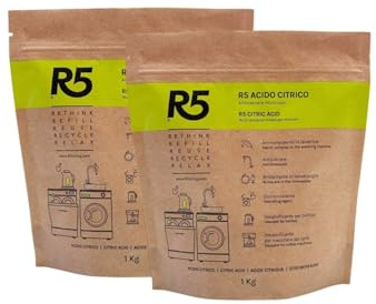 R5, Zitronensäure Pulver, 2Kg, Vielseitiger Entkalker, Entkruster, Klarspüler und Weichspüler, Geruchlos, 2 Packungen à 1000 g