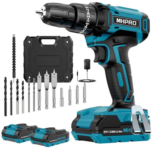 Trapano Avvitatore Batteria 21V, MHPRO Avvitatore a Batteria con 2 Batterie da 2.0Ah, 42N.m di Coppia, 2 Velocità, 25+3 Coppia, 14 Accessori, Luce a LED, Per il fai da te, in Casa e Giardino