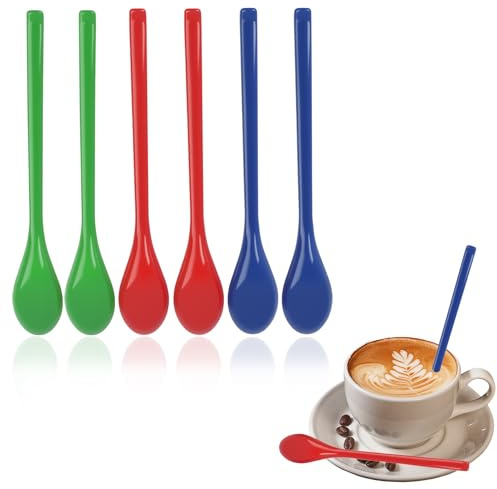 Set de 6 de Plástico Coloridas con Mango Largo，Cucharas de Café, Cucharas de Huevo，19 cm ， Fácil Limpieza, Versátiles Aportan color y funcionalidad a cualquier ambiente.