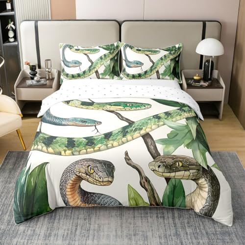 Homemissing Schlange Baumwolle Bettwäsche Set 135x200cm Kinder Tropische Blätter Bettbezug Set für Jungen Mädchen Teenager 3D Reptilien Tiere Betten Set Atmungsaktive Schlafzimmerdekoration