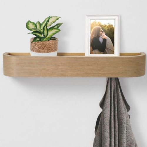 keypak Scandi 49cm Wooden Coat Rack with Shelf 4 Hidden Hooks Burlywood | Wall Mounted Coat Rack with Shelf for Hallway, Bedroom, Kitchen, Bathroom