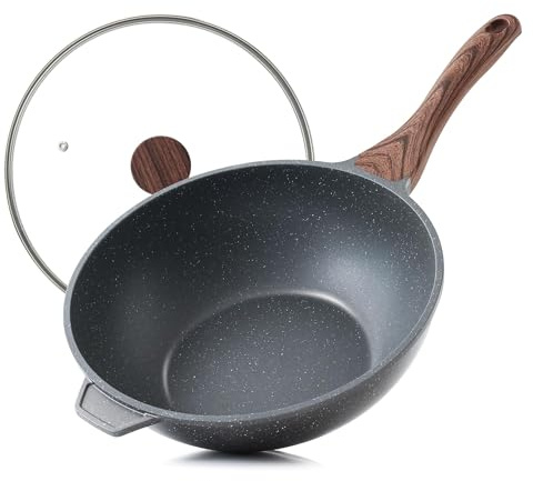 SENSARTE Wok 28 cm Antiadhésive en Granit, Compatible Tous Feux Induction | Poêle en pierre saine, avec couvercle, poignée ergonomique et poignée auxiliaire, facile à nettoyer