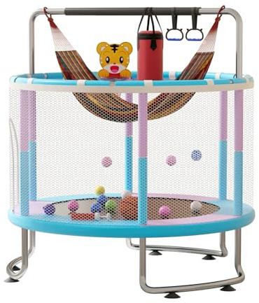 ​Children Trampoline with Basketball Hoop, 5FT Indoor Trampoline for Kids with Adjustable Gym Bar, Swing & Sandbag, 360° Safety Net for Toddlers, 440lbs Load, (Purple, A)