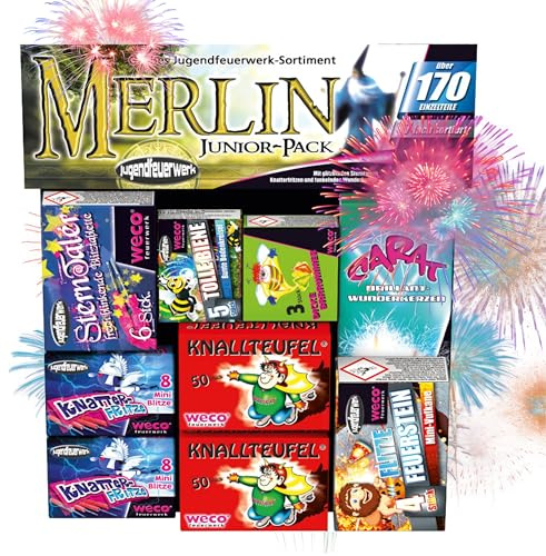 PYROHELD Merlin 170 Teile Silvester Party Set mit Feuerwerk für Kinder & Erwachsene - Wunderkerzen, Knallerbsen UVM.