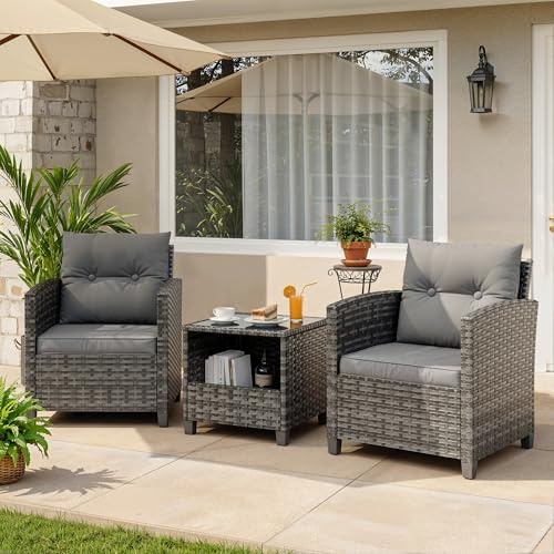 UDPATIO 3PCS Outdoor Rattan Bistro Set, Wicker Patio Conservatory Furniture Set with Storage Coffee Table & Thick Cushions Sofa Chairs, Metal Frame Garden Furniture Sets for Balcony (Grey-Mottled)