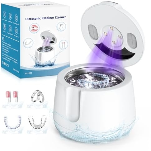 Topertrual Ultrasonic Retainer Cleaner Machine with 4 UV Lights, IPX5 Waterproof, 48kHz Ultrasonic Cleaner with Digital Timer & 4 Modes, Dentures, Braces, Toothbrush Heads, Jewelry with 200ML Capacity