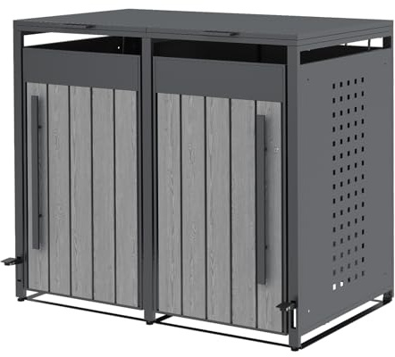 OMERAI Premium Double Wheelie Bin Storage with Foot Pedal, 240L Outdoor Garden Bin Hideaway, Weather-Resistant Powder-Coated Steel in Anthracite with Oak, Assisted Lifting Lid & Lock, 80 x 132 x 116cm