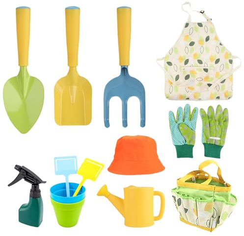 11-teiliges Kinder-Gartenset für Kleinkinder, einschließlich Schaufel, Rechen, Gießkanne, Handschuhe, Schürze, Hut, Blumentopf und Tragetasche, Gartengeräte für Jungen und Mädchen