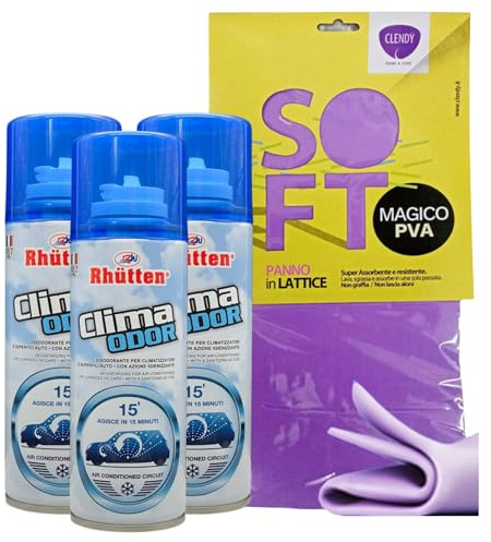 SET: 3x Disodorante Per Climatizzatori e Superfici Auto CLIMA ODOR Con Azione Igienizzante, Agisce In 15 Minuti 175ml + Panno SOFT In Lattice, Formato 30x30cm