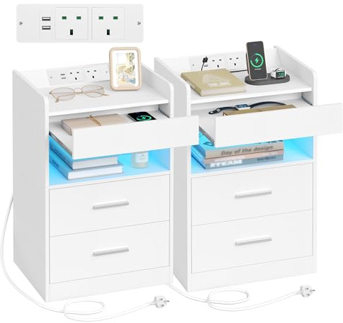 Hzuaneri Bedside Tables Set of 2 with Power Strip and LED, Pull-Out Tray | Bedside Cabinet with 2 Drawers, Side Table with Open Compartment, Nightstand for Living Room, Bedroom, Study, White NS33603X