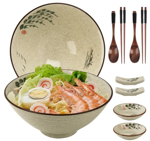 GEEKHOM Lot de 10 bols à ramen japonais en céramique de 1200 ml - Grand bol traditionnel - Passe au micro-ondes et au lave-vaisselle - Pour pâtes, soupe, pho, salade