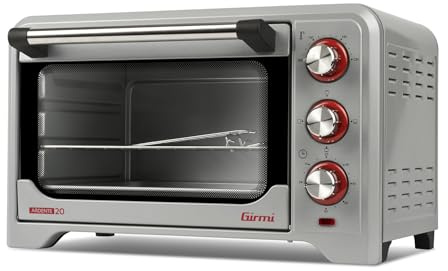Girmi FE20 Four électrique, 1380 W, 20 litres, thermostat réglable 230°, lumière intérieure, grille inox, minuterie 60 min, 4 résistances de chauffage, accessoires inclus, argent