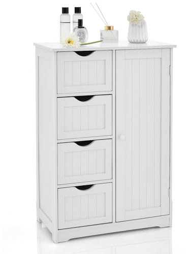 COSTWAY Badezimmerschrank mit 4 Schubladen & 1 Tür, Badschrank mit verstellbare Ablage & Magnetischer Türverschluss & Kippersicherung für Wohnzimmer, Badezimmer, 55 x 30 x 81 cm (White)