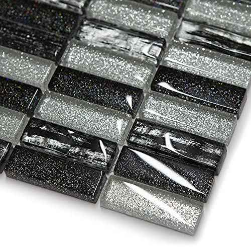 Silver and Black Glass Glitter Mosaic Tile Sheet for Walls Floors Bathroom Kitchen (1 Sheet 30cm X 30cm)