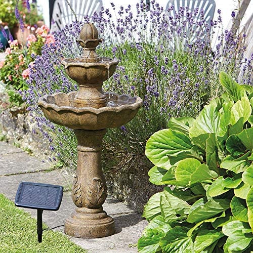 Garden Mile Fuente de agua Kingsbury de 3 niveles en cascada – Fuente de agua de piedra independiente alimentada por energía solar – Adorno de jardín al aire libre decorativo centro de mesa para