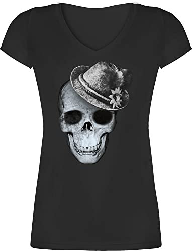 T-Shirt Damen V Ausschnitt - Kompatibel Oktoberfest - Totenkopf mit Filzhut - 3XL - Schwarz - mädchen trachtenshirt Trachten-Tshirt bayrische Skull Shirts Shirt tailliertes Trachten Tshirt bayrisch