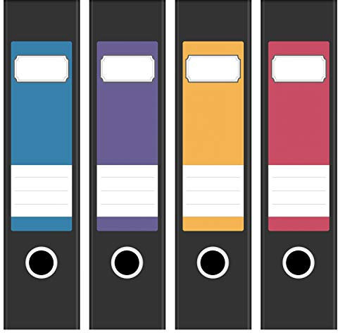 Ordneretiketten | 4 Aufkleber für breite Akten-Ordner | Farb-mix Blau Lila Gelb Rosa-Rot | selbstklebende Design Akten-Etiketten | Deko Sticker für Rückenschilder Ordnerrücken | zum Beschreiben