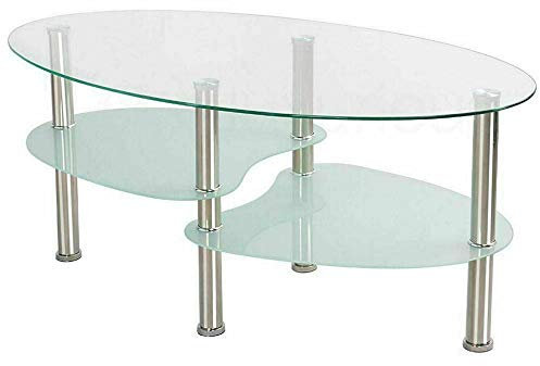 Flyelf Oval Couchtisch Glasplatte Tischende Couchtisch 3 Etagen für Wohnzimmer 90x50x43cm, Transparent + Weiß, 90 x 50 x 43 cm