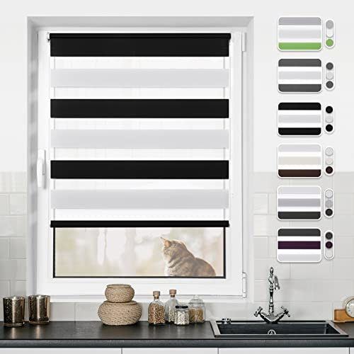Doppelrollo Klemmfix ohne Bohren Rollos für Fenster ohne Bohren mit Bohren Schwarz-Weiß B100 x H150cm -Stoffbreite 96cm Rollo Fensterrollo Klemmrollos Fensterrollo innen