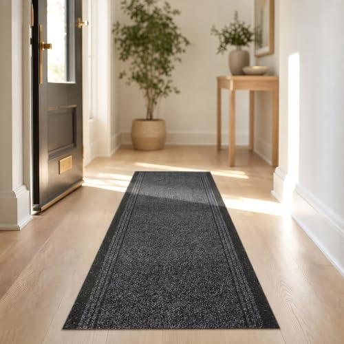 Bravich Sydney Charcoal Hallway Runner - Washable Non-Slip Rubber Backed Carpet Mat - Indoor Outdoor Stair Kitchen Runner - 9mm Pile Height - 2'2x3'FT (66x91cm)