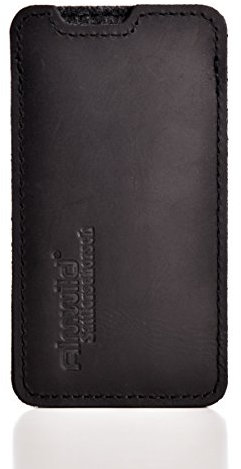 Almwild® Hülle passend für Apple iPhone 15/15 Pro, 14/14 Pro, 13/13 Pro mit Apple Leder/Silikon Case-Nutzung aus echtem Rindsleder in Schwarz. Modell Sattlerschorsch