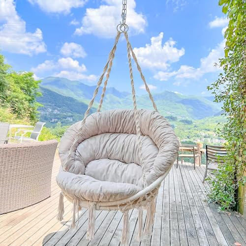 Hammock Chair with Cushion, Handmade Macrame Swing Chair with Hanging Hardware Kits, Bohemian Style Cotton Rope Hanging Chair for Bedroom Indoor Outdoor, Beige