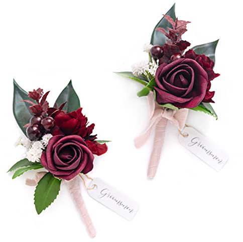 Ling's moment Boutonniere for Men, 2pcs Groom Groomsmen Guest Boutonniere, Artificial Flowers for Wedding/Prom/Homecoming, etc.Burgundy Marsala