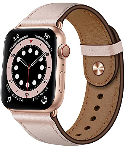 OUHENG - Cinturino di ricambio per Apple Watch Band 44 mm, 42 mm, 40 mm, 38 mm, in vera pelle, per iWatch serie SE 6, 5, 4, 3, 2 1 (rosa sabbia/oro rosa, 44 mm 42 mm)
