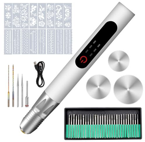 USB Gravierstift, Power Display Wiederaufladbarer Mini Gravierstift mit Zubehör, 380mAh Schnurloses Holzgravur Set für Metall Glas Stein Schmuck Nägel Keramik