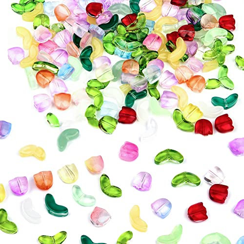 160 Stück Tulpen Perlen, Bunt Durchscheinend Blumen Perlen Glas Handarbeit, Tulpen-Perlen Blumen-Zwischenperlen für DIY-Halsketten Armbänder Schmuckherstellung (Gemischte Farbe)