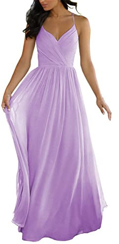 Spaghettiträger Hochzeit Brautjungfernkleider für Junioren V Ausschnitt Elegant Chiffon A-Linie Trauzeugin Kleider, Flieder, 44