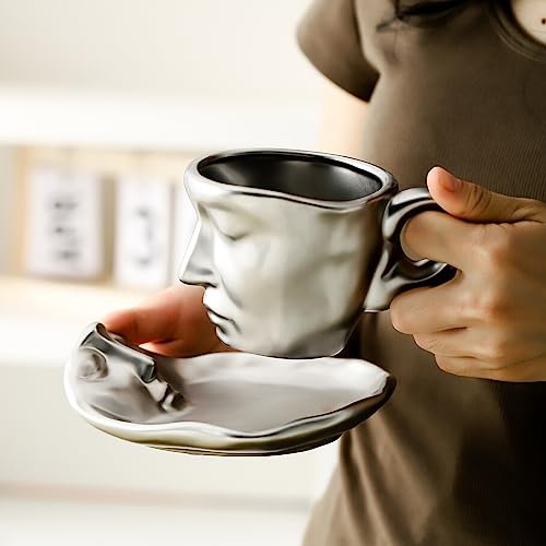 oliruim Kaffeetasse mit Untertasse Silber – Keramik Teetasse mit Gesicht & Löffel, Geschenkset für Weihnachten, Valentinstag, Paar, Freunde & Familie (Silber)