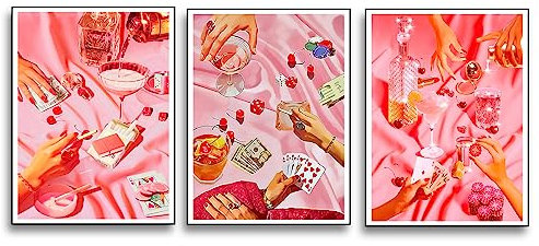 UNXIS Fashion Funky Pink Canvas Wall Art Poster Set of 3 Trendy Vintage Funny Cocktail Bar Cart Preppy Wall Decor Pictures 12x16 inch Unframed, Room Decor Aesthetic for Teen Girls