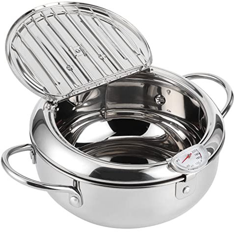 Friteuse Tempura Japonais, 24cm Friteuse Tempura en Acier Inoxydable avec Thermomètre pour Gaz Cuisinière à Induction, Couvercle et égouttoir à Huile pour Poulet Français Poisson Crevettes