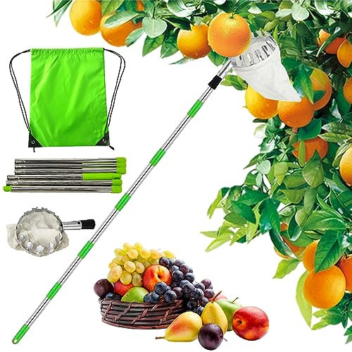 Recogedor de Frutas con Varillas de Extensión,Recoge Frutas con Bolsa de Lino,Recoge Frutas de árboles,Recoger Frutas 2.4m,Frutas Herramientas Recolectoras para Manzanas, Naranjas, Peras
