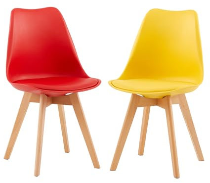 EGGREE 2er Set Esszimmerstühle mit Massivholz Buche Bein SGS Geprüfter Skandinavisch Design Gepolsterter aus PU-Leder Küchenstuhl Essstühle, Rot + Gelb