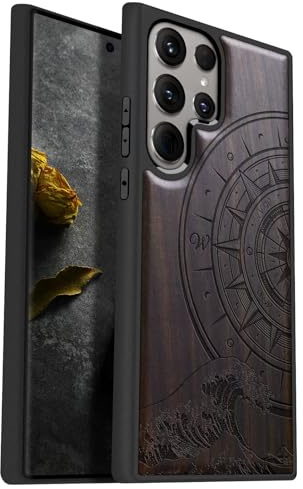 Carveit Hülle für Galaxy S24 Ultra handyhülle aus Holz Cover, Stoßstange Stoßfeste Weich TPU Case, Handyhulle Kompatibel mit Samsung S24 Ultra Hulle（Dunklesholz-Der Kompass vor Kanagawa Waves）