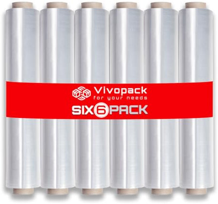 Vivopack Stretchfolie - 6 Stück - Verpackungsfolie auf Rolle, Folie für Möbel, Stretchfolienrolle 50cm, 23μm, 250m, Umzug Schutzfolie, Wickelfolie Stretchfolie für Paletten, Umzugsfolie für Möbel