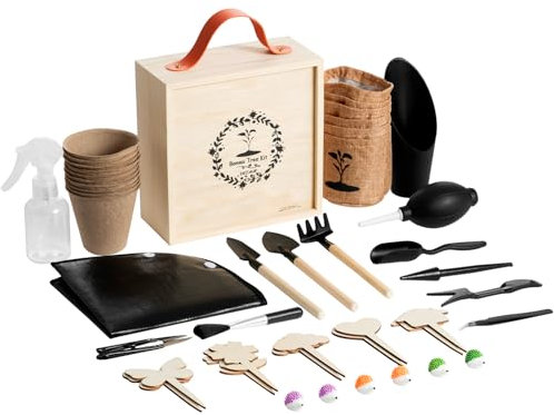 Bonsai-Baum-Set für den Innenbereich, Starter-Set für Bonsai, Sukkulenten, Werkzeug-Set mit Holzbox, inklusive Pflanzen-Umtopfmatte, Blattschere, Rechen, Lange und breite Spaten, einzigartiges