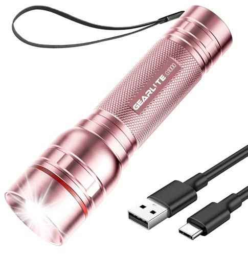 GEARLITE Linterna LED Recargable, 2000 Lumen LED Linterna Pequeña con 3 Modos, Linterna con Zom con Largo Tiempo de Ejecución, IP65 Impermeable Linterna Mini para Camping Pesca Emergencia Outdoor-Rosa